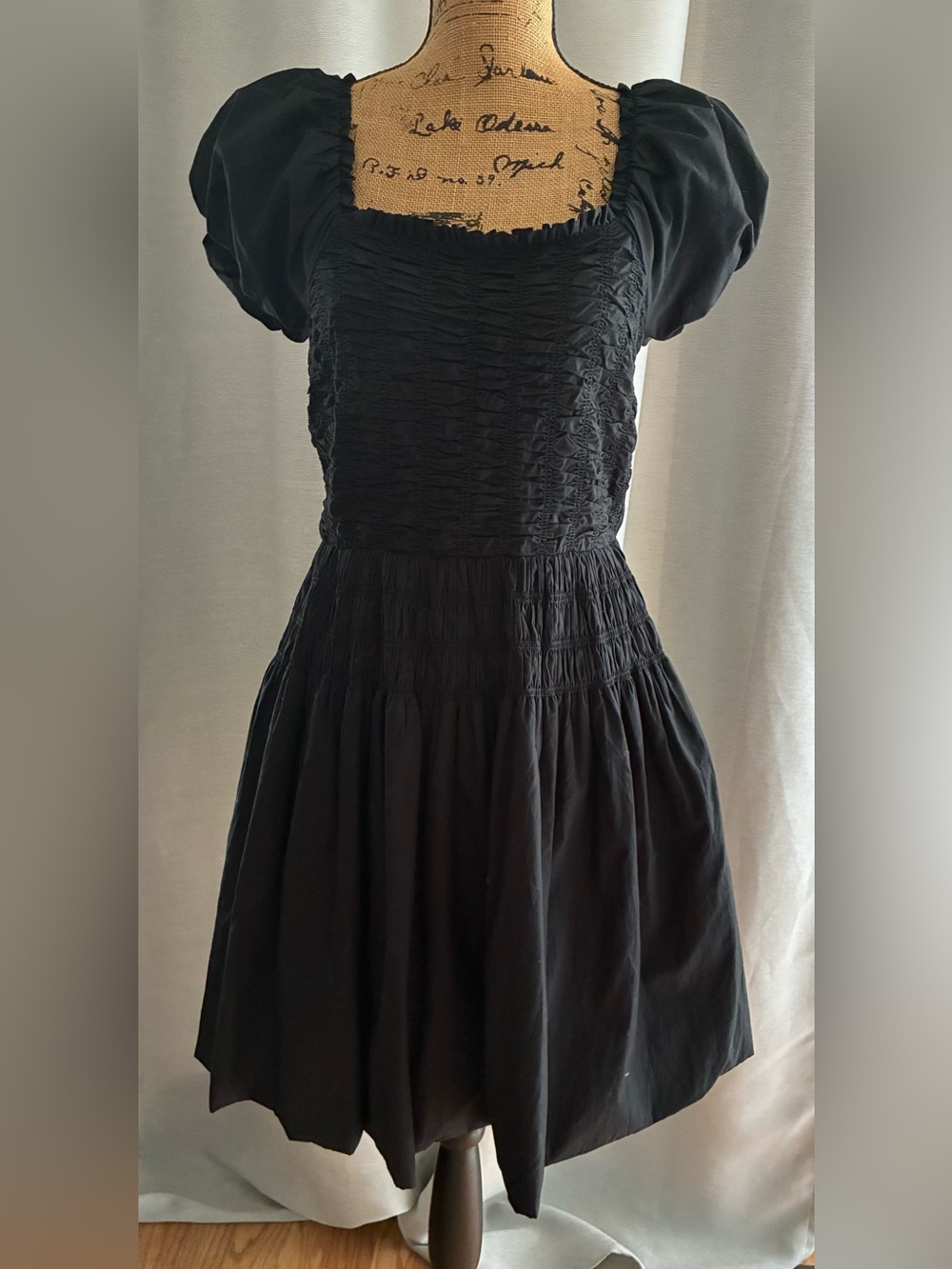 Caroline Constas Black Smocked Mini Dress with Puff Sleeves